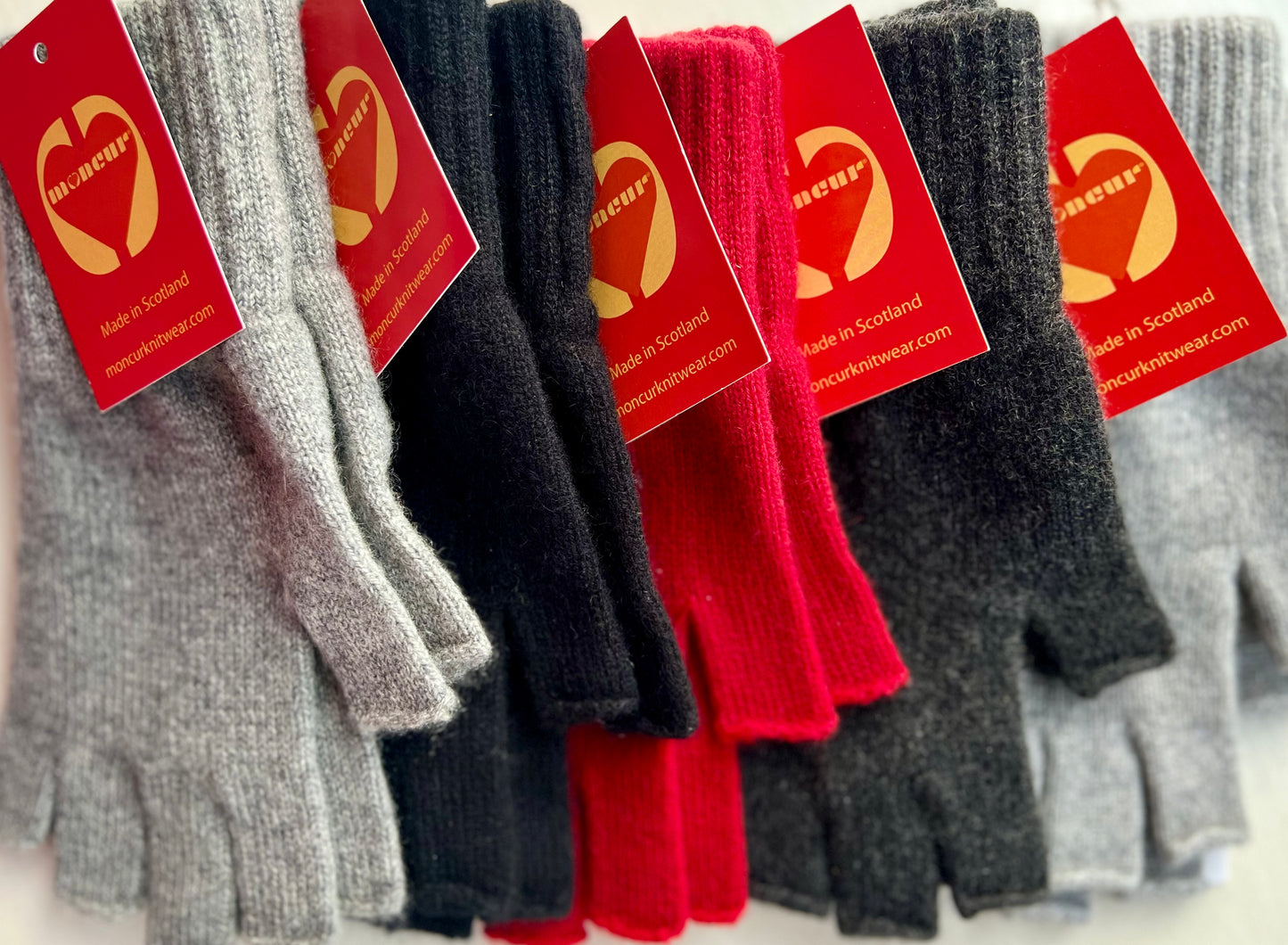 BLACK, RED AND GREY SHADES of Moncur Cashmere Fingerless Gloves. Luxury Colourful Cashmere in Rainbow shades. Made in Scotland.