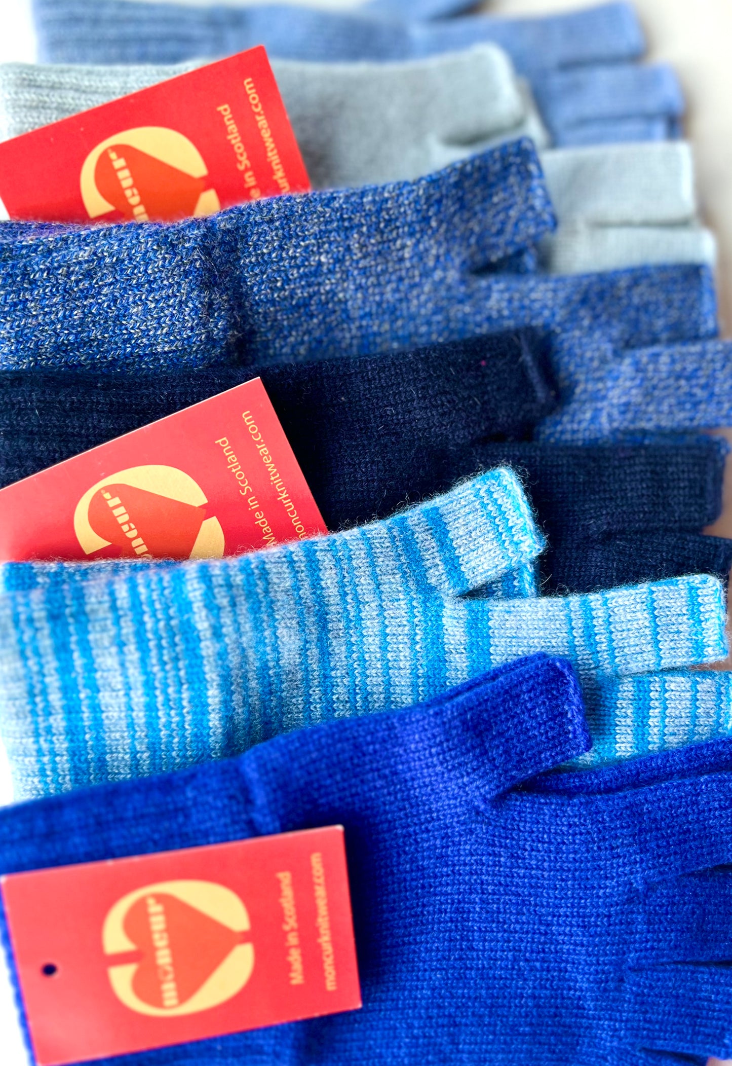 BLUE SHADES of Moncur Cashmere Fingerless Gloves. Luxury Colourful Cashmere in Rainbow shades. Made in Scotland.