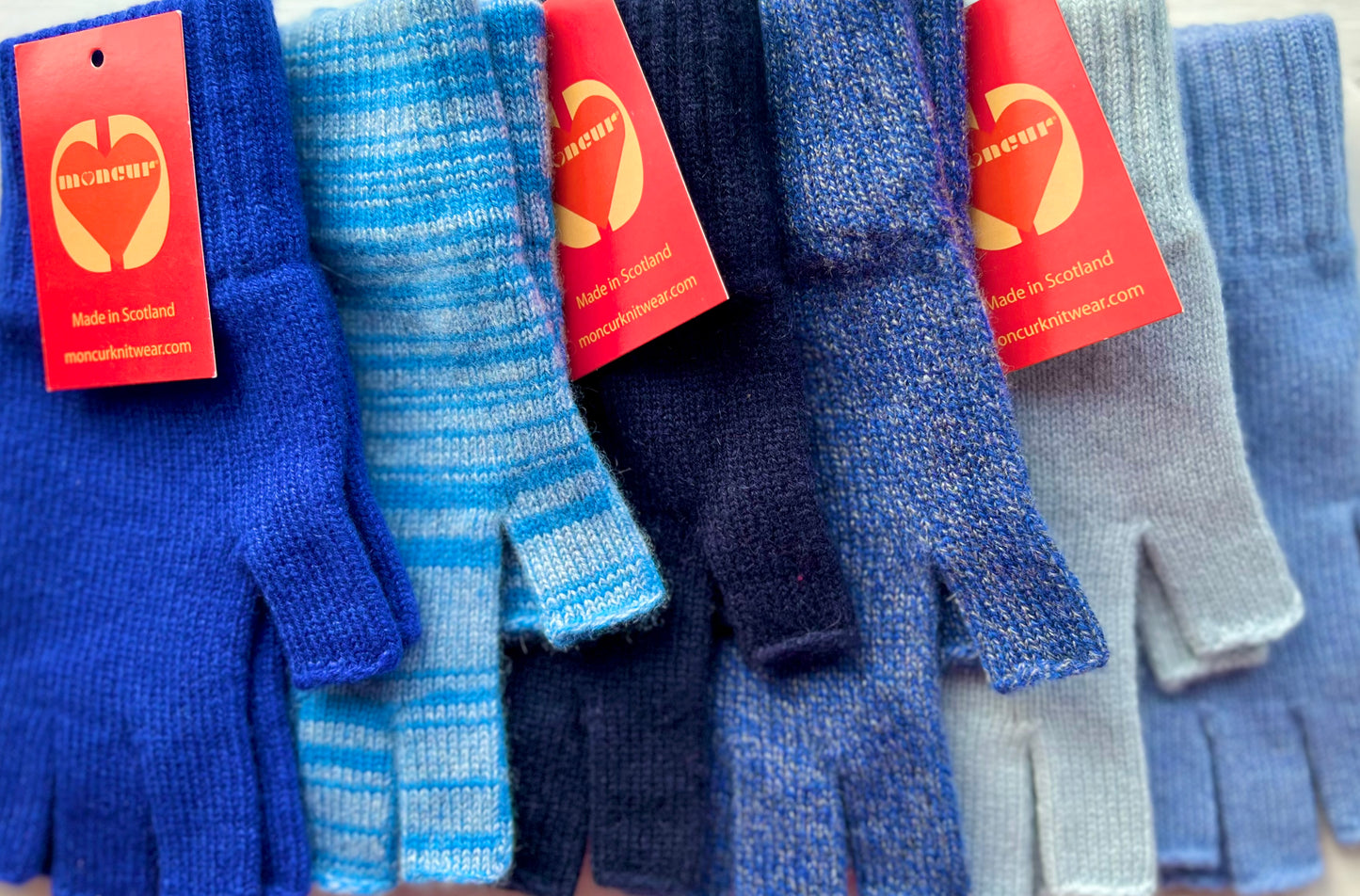 BLUE SHADES of Moncur Cashmere Fingerless Gloves. Luxury Colourful Cashmere in Rainbow shades. Made in Scotland.