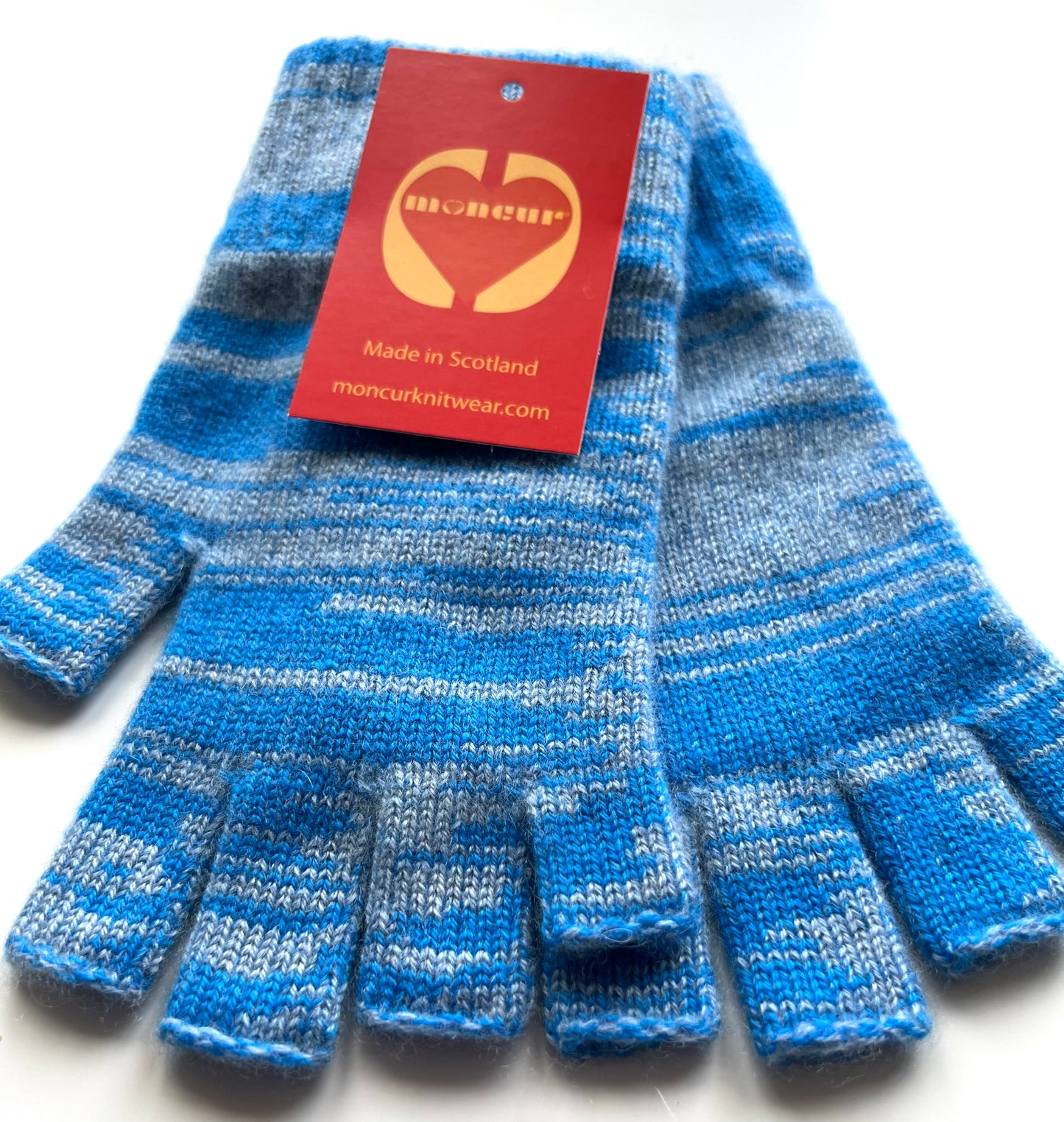BLUE SHADES of Moncur Cashmere Fingerless Gloves. Luxury Colourful Cashmere in Rainbow shades. Made in Scotland.