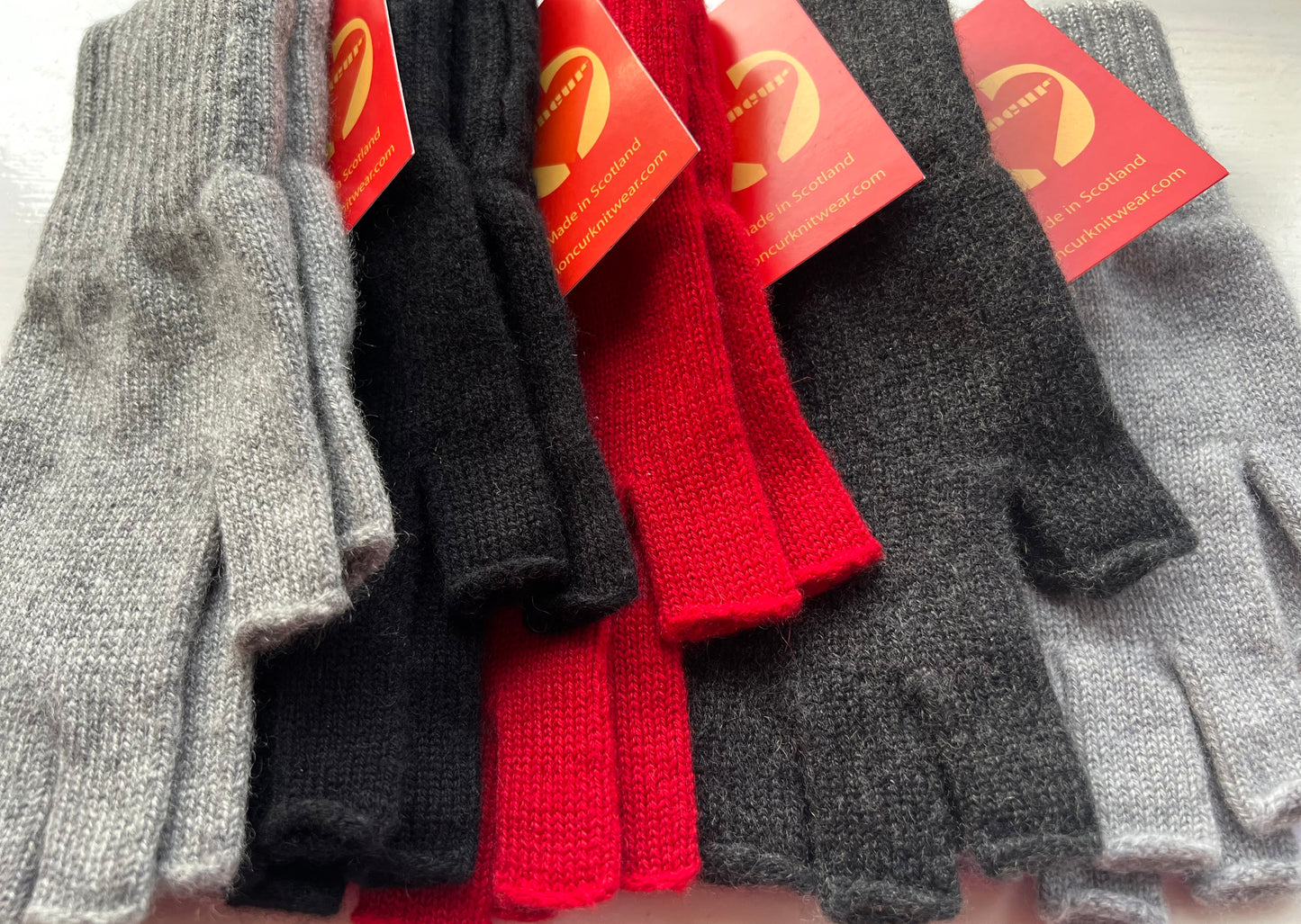 BLACK, RED AND GREY SHADES of Moncur Cashmere Fingerless Gloves. Luxury Colourful Cashmere in Rainbow shades. Made in Scotland.