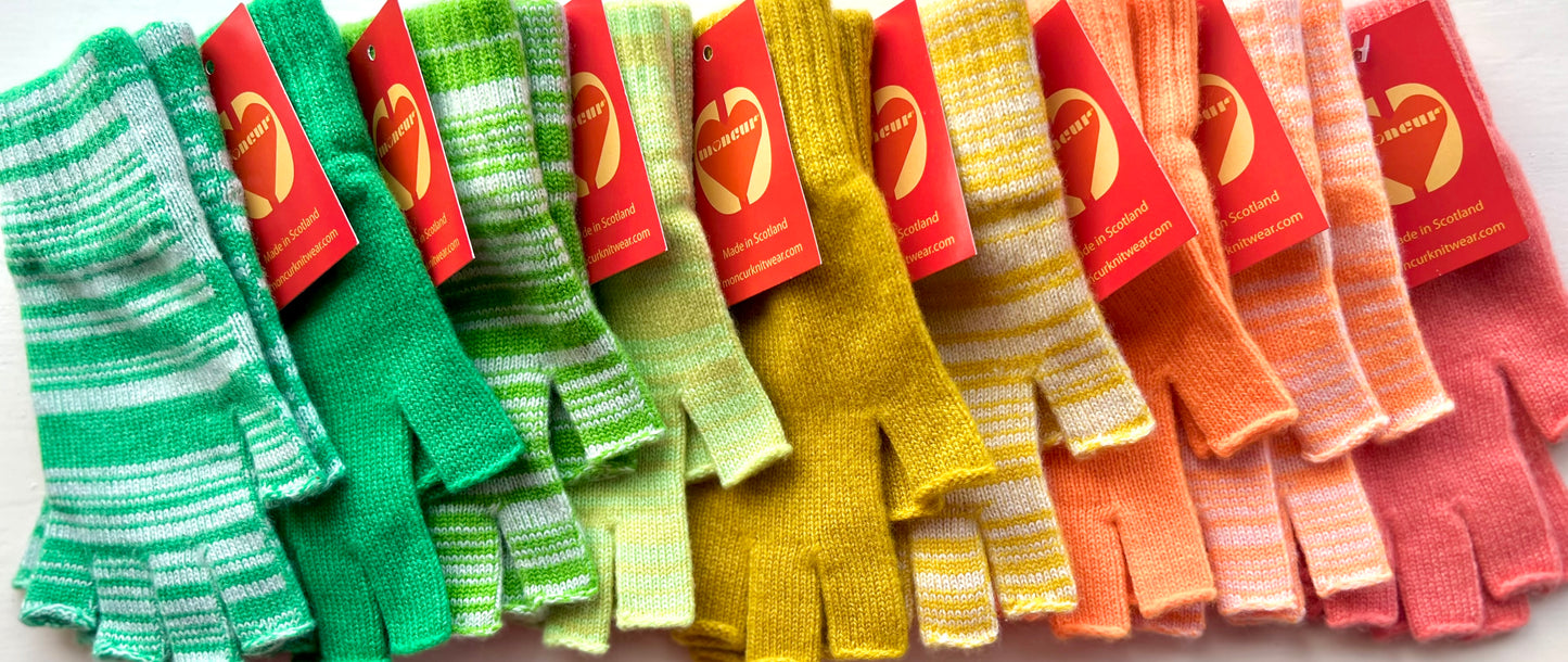 Luxury Scottish Cashmere Fingerless Gloves - Zesty Bright Shades - Moncur Knitwear