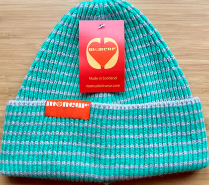 moncur knitwear fine lambswool ribbed hat in mint and grey stripe 