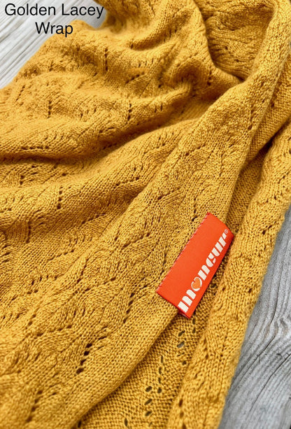 Golden cashmere lace wrap detail moncur knitwear 