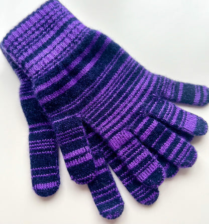 Purple and Navy random stripe mix cashmere full gloves - moncur knitwear