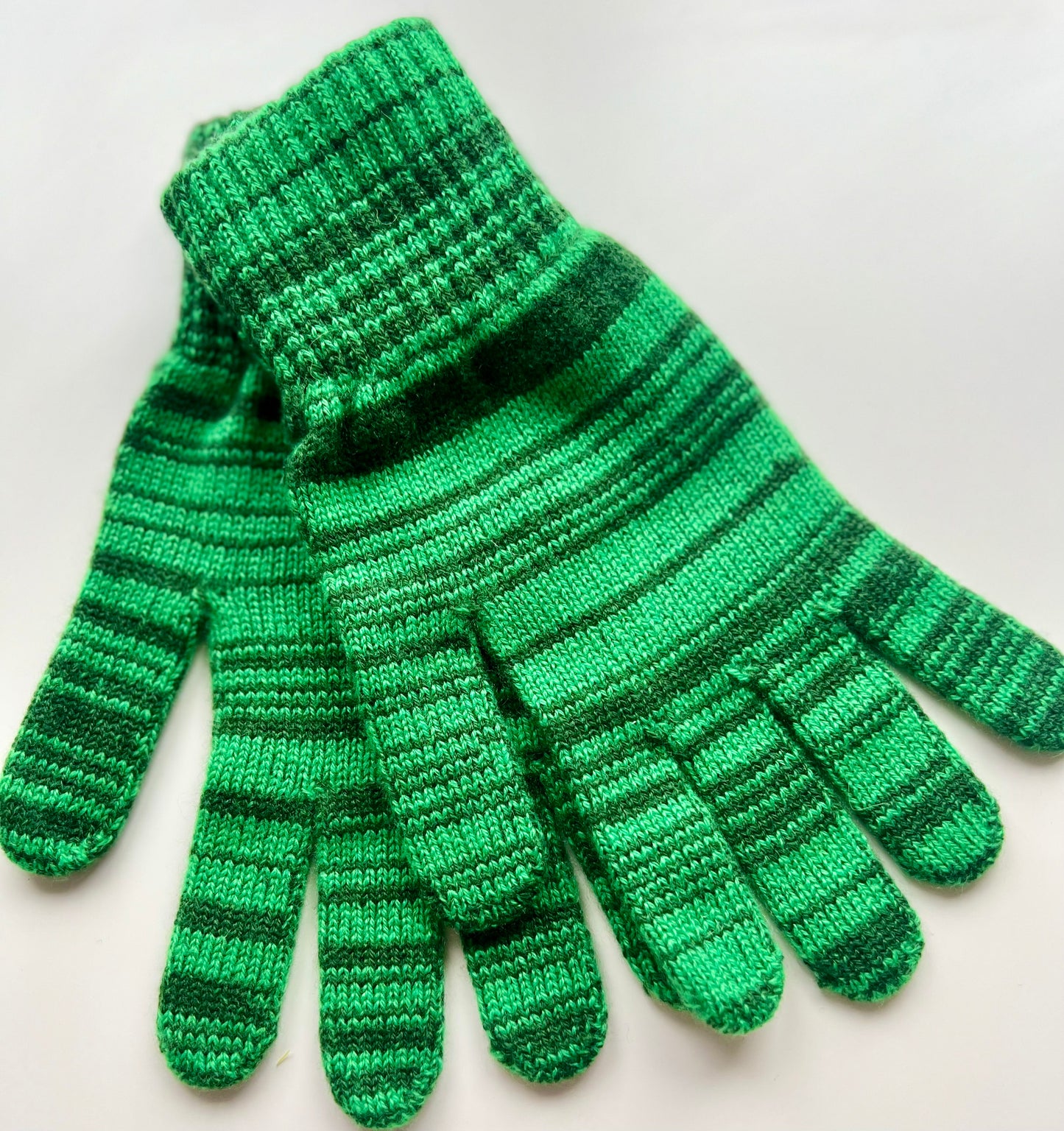 dark and light green random stripe mix cashmere full gloves made in Scotland -moncur knitwear