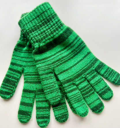 dark and light green random stripe mix cashmere full gloves made in Scotland -moncur knitwear
