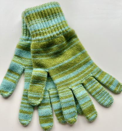 kiwi and aqua stripe mix cashmere full gloves made in Scotland -moncur knitwear