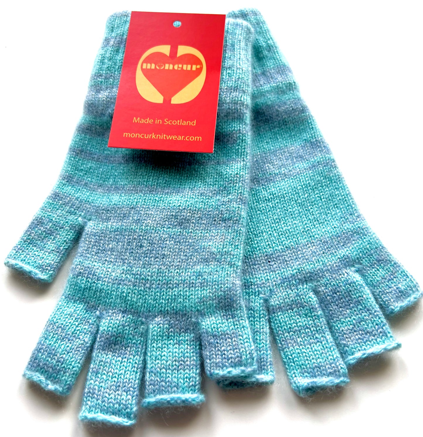 scottish cashmere fingerless gloves in a funky random stripe aqua shade to beautifully show colours