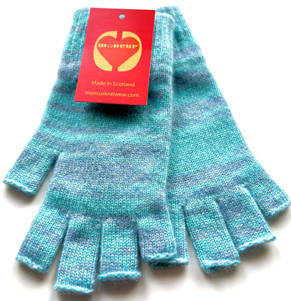 scottish cashmere fingerless gloves in a funky random stripe aqua shade to beautifully show colours