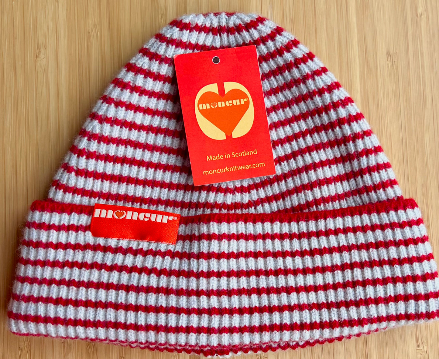 red and white striped hat in soft and cosy lambswool